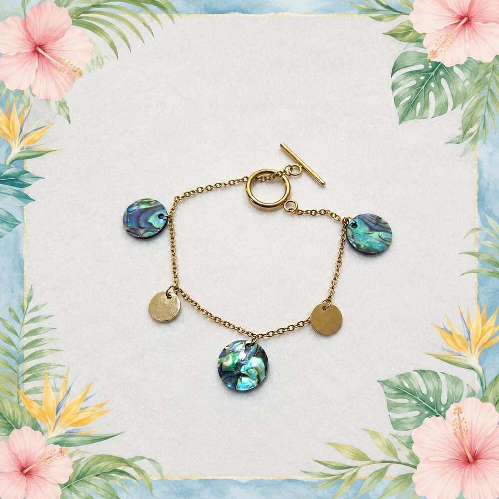 J0003-Stainless Steel Gold and Blue Paua Shell Charm Bracelet